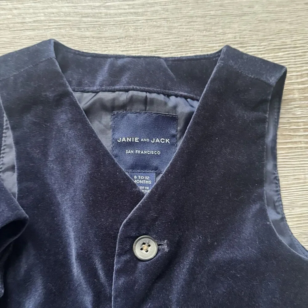 Janie and Jack Boys 6-12M Blue Velvet Suit 3pc Blazer Vest Pants